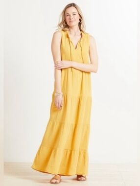 Evereve Georgia Tie Neck Tiered Gauze Maxi Dress Yellow - M